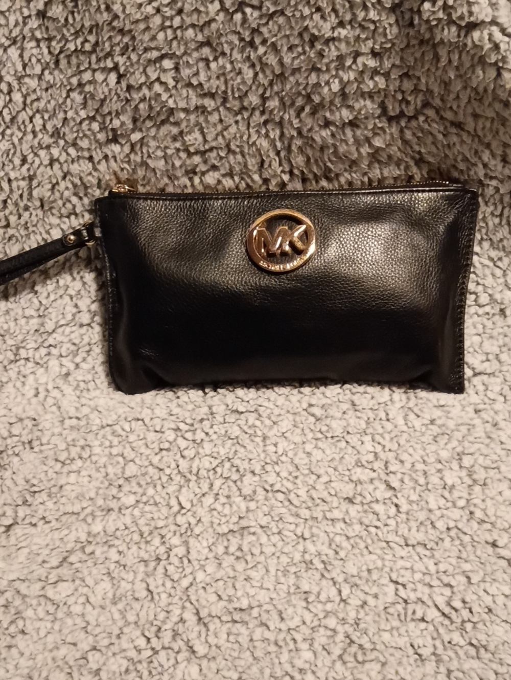 Michael Kors Black Leather Wristlet with Gold MK Emblem